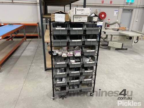 Mobile Parts Shelf With Parts Bins & Contents