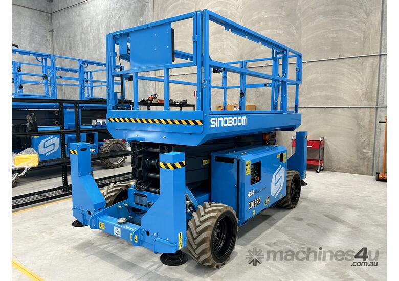 caption Sinoboom 10m Diesel Rough Terrain Scissor Lift 1018RD - Strong & Sturdy for Harsh Conditions