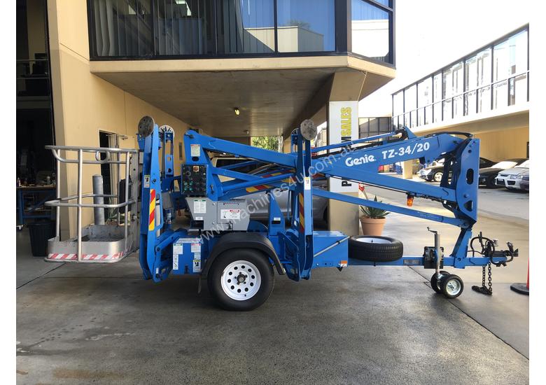 caption RARE Genie TZ34/20 Trailer Mounted Cherry Picker, with Rotating basket.