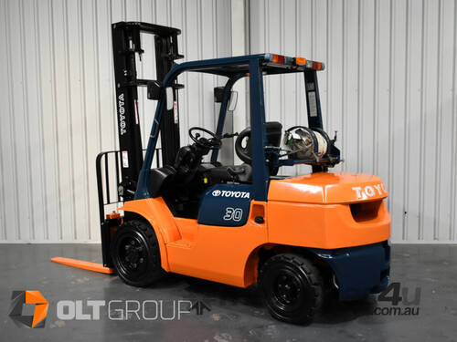 Toyota 7FG30 3 Tonne Forklift 2 Stage 4000mm Mast 5558 Low Hours Solid Tyres Dual Fuel LPG Petrol