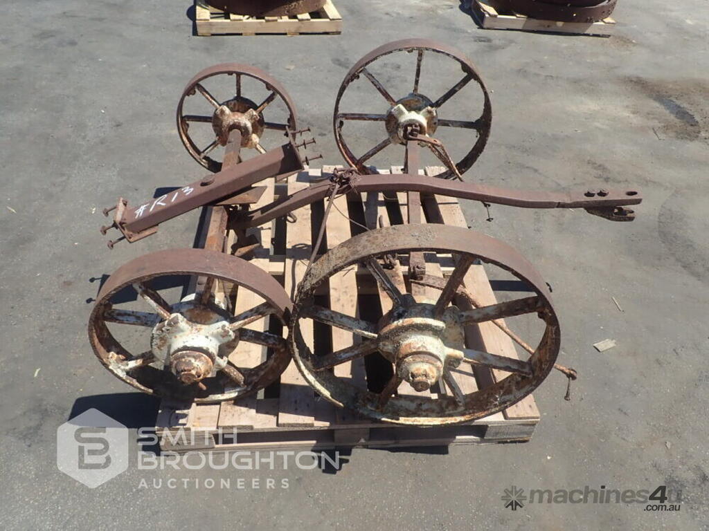 Buy Used PALLET COMPRISING OF VINTAGE HORSE DRAWN WAGON AXLES WHEELS