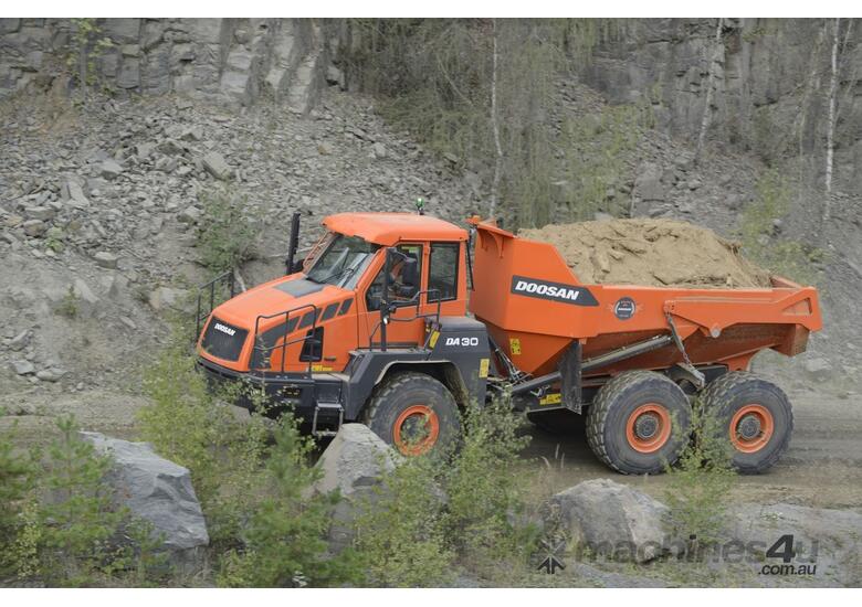 caption Doosan DA30 Dump Truck: 55 km/h High-Capacity Hauling for Construction & Mining!
