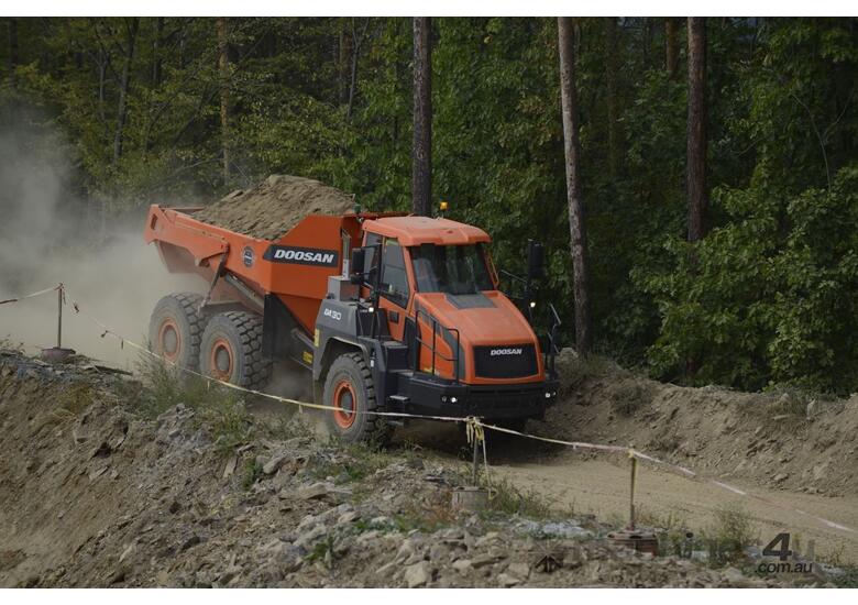 caption Doosan DA30 Dump Truck: 55 km/h High-Capacity Hauling for Construction & Mining!