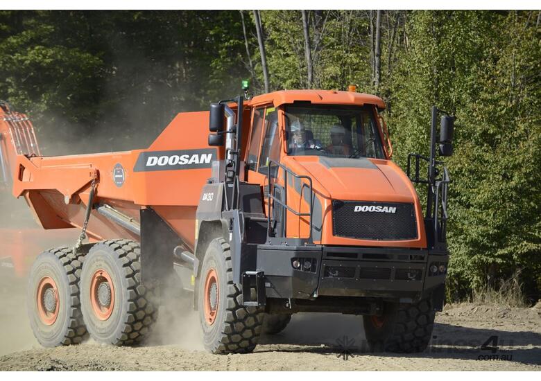 caption Doosan DA30 Dump Truck: 55 km/h High-Capacity Hauling for Construction & Mining!