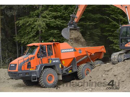 caption Doosan DA30 Dump Truck: 55 km/h High-Capacity Hauling for Construction & Mining!