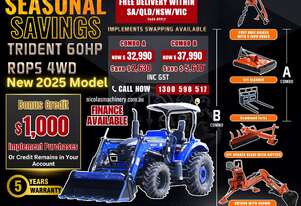 [2025 Model] Trident Seasonal Savings 60HP 4WD Canopy Tractor with 4-in-1 Bucket Combo Deal