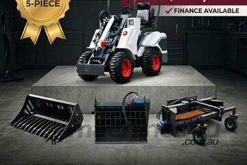   Ozziquip AL20 Mini Loader 4-in-1 with Stone Bucket, Mixing Bucket, Harley Rake 5-Piece Package