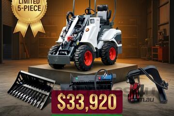   Ozziquip AL20 Mini Loader 4-in-1 with Stone Bucket, Mixing Bucket, Wood Grapple 5-Piece Package