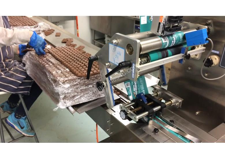 caption Flamingo Stainless Steel Horizontal Flow Wrapper Packing Machine + Anser U2 Pro-S label/date printer