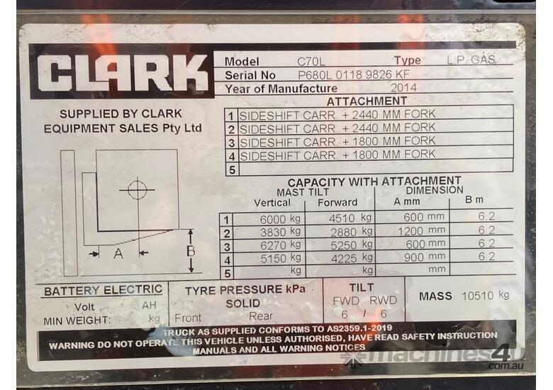 caption Clark C70L # 7 Tonne Gas Forklift # 7000kg Load Capacity # 6200mm Lift Height # 1800mm Fork Tynes