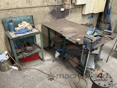 Steel Frame Workbench Including Scrap Metal Vice + Adjacent Steel Shelving Unit