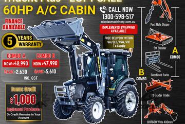 Trident Plus Synchromesh 60HP 4WD A/C Cabin Tractor with 4-in-1 Bucket Combo Deal (5 Years Warranty)