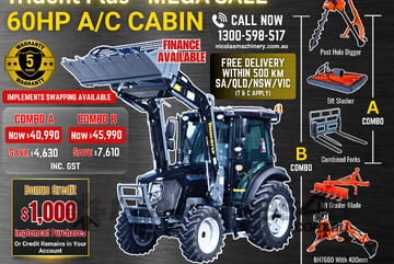Trident Plus Synchromesh 60HP 4WD A/C Cabin Tractor with 4-in-1 Bucket Combo Deal (5 Years Warranty)