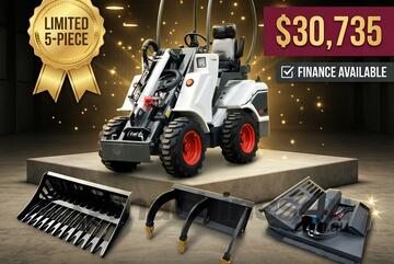   Ozziquip AL20 Mini Loader 4-in-1 with Stone Bucket, Ripper and Brush Cutter 5-Piece Package