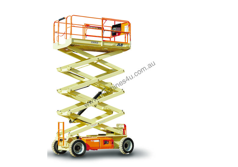 caption JLG 3369LE 32ft RT Bi-Energy Scissor Lift – All-Terrain Capability & Bi-Energy Flexibility