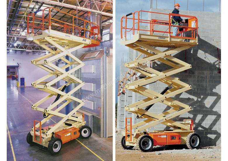 caption JLG 3369LE 32ft RT Bi-Energy Scissor Lift – All-Terrain Capability & Bi-Energy Flexibility