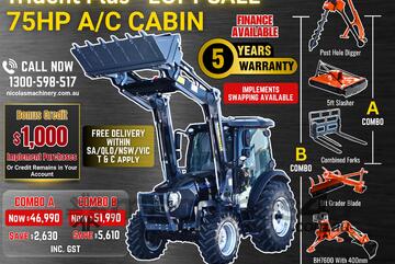 Trident Plus Synchromesh 75HP 4WD A/C Cabin Tractor with 4-in-1 Bucket Combo Deal (5 Years Warranty)