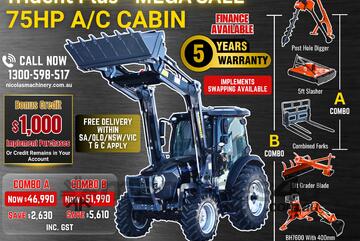 Trident Plus Synchromesh 75HP 4WD A/C Cabin Tractor with 4-in-1 Bucket Combo Deal (5 Years Warranty)