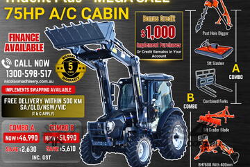 Trident Plus Synchromesh 75HP 4WD A/C Cabin Tractor with 4-in-1 Bucket Combo Deal (5 Years Warranty)
