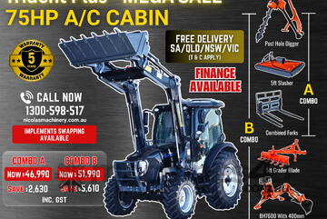 Trident Plus Synchromesh 75HP 4WD A/C Cabin Tractor with 4-in-1 Bucket Combo Deal (5 Years Warranty)