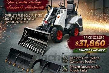   Ozziquip AL20 Mini Loader 4-in-1 with Stone Bucket, Ripper and Harley Rake 5-Piece Package