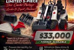 New Ozziquip AL20 Mini Loader 4-in-1 with Mixing Bucket, Log Grapple and Chipper 5-Piece Package