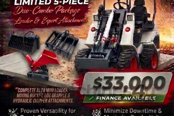   Ozziquip AL20 Mini Loader 4-in-1 with Mixing Bucket, Log Grapple and Chipper 5-Piece Package