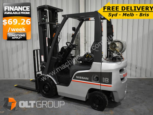 2013 Used Nissan 1.8 Tonne Forklift 5.5m Lift Height LPG Sideshift FREE DELIVERY SYD MELB BRIS CANB