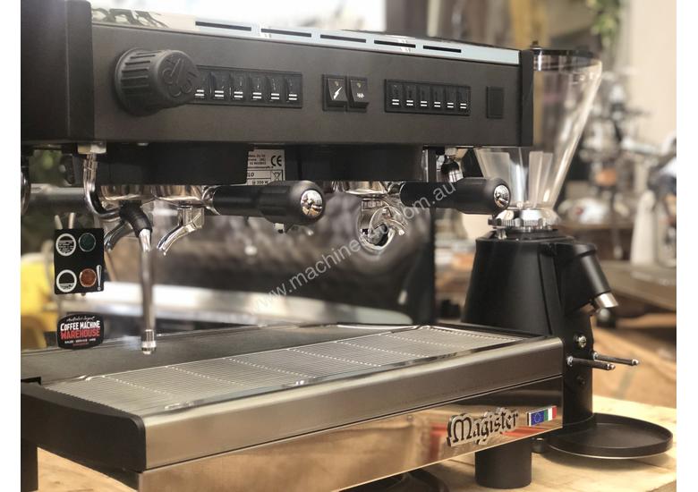 caption MAGISTER STILO 2 GROUP COMPACT MACHINE & ON DEMAND GRINDER COMBO DEAL CAFE