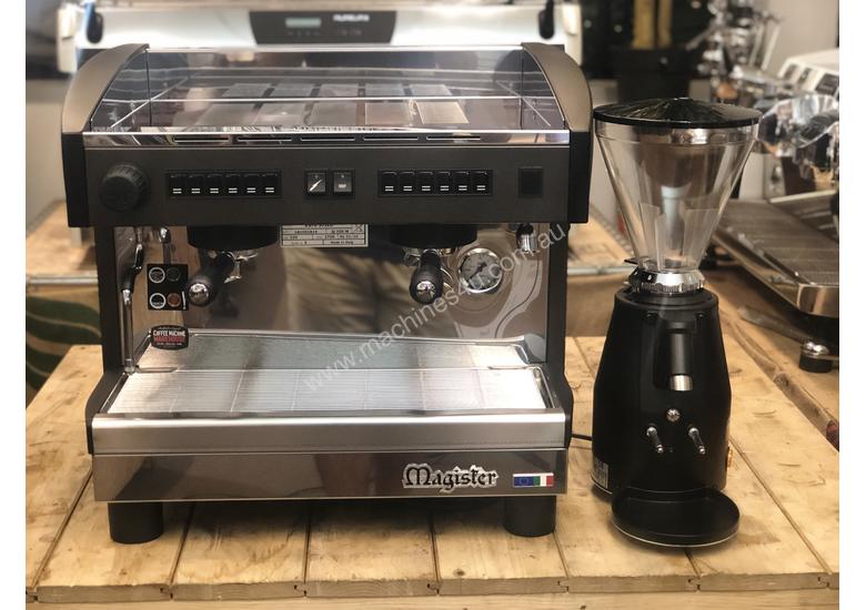 caption MAGISTER STILO 2 GROUP COMPACT MACHINE & ON DEMAND GRINDER COMBO DEAL CAFE