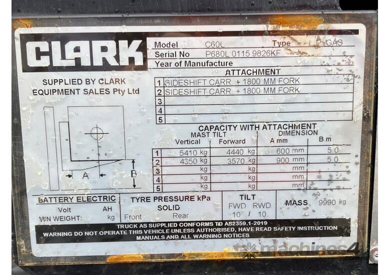 caption Clark C60L # 6 Tonne Gas Forklift # 6000kg Load Capacity # 5000mm Lift Height # 1800mm Fork Tynes