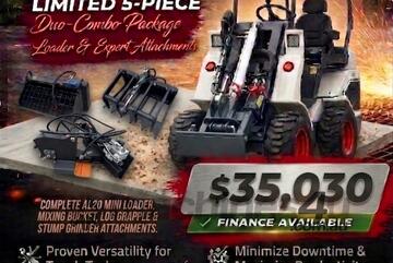   Ozziquip AL20 Mini Loader 4-in-1 with Mixing Bucket, Log Grapple & Stump Grinder 5-Piece Package