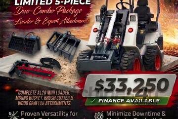   Ozziquip AL20 Mini Loader 4-in-1 with Mixing Bucket, Log Grapple and Trencher 5-Piece Package