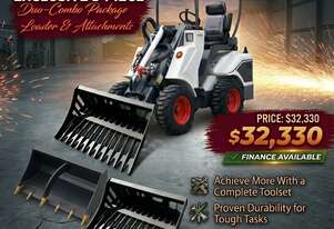 New Ozziquip AL20 Mini Loader 4-in-1 with Stone Bucket, Ripper and Stump Grinder 5-Piece Package
