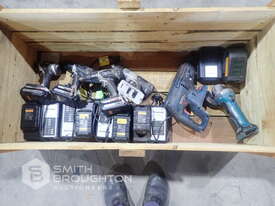 CRATE COMPRSING OF PANASONIC CORDLESS DRILLS & CHARGERS, BOSCH DRILL & MAKITA GRINDER - picture0' - Click to enlarge