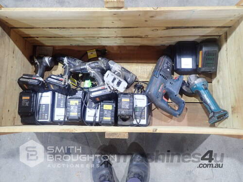 CRATE COMPRSING OF PANASONIC CORDLESS DRILLS & CHARGERS, BOSCH DRILL & MAKITA GRINDER