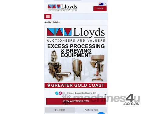 AUCTION - EXCESS PROCESSING AND BREWING EQUIPMENT - USE LLOYDS  FOR BIDDING