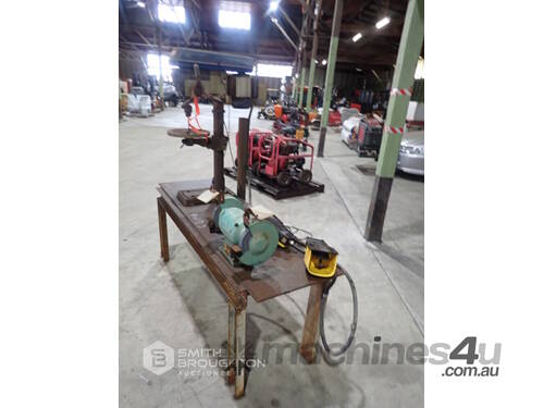 METAL TABLE WITH BENCH GRINDER & PEDESTAL DRILL