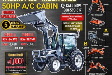 Trident Plus Synchromesh 50HP 4WD A/C Cabin Tractor with 4-in-1 Bucket Combo Deal (5 Years Warranty)