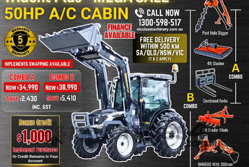 Trident Plus Synchromesh 50HP 4WD A/C Cabin Tractor with 4-in-1 Bucket Combo Deal (5 Years Warranty)