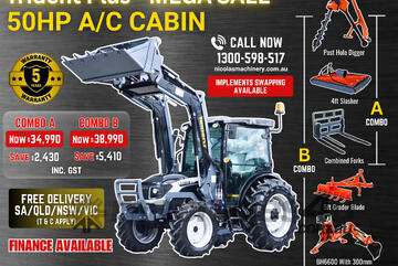 Trident Plus Synchromesh 50HP 4WD A/C Cabin Tractor with 4-in-1 Bucket Combo Deal (5 Years Warranty)