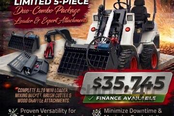   Ozziquip AL20 Mini Loader 4-in-1 with Mixing Bucket, Brush Cutter & Wood Grapple 5-Piece Package