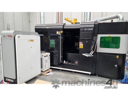 caption Fiber Laser Cutter Machine LESS THAN 100 HOURS USE! Gweike 2kW LF-3015GAR IPG Sheet and Tube Cutter