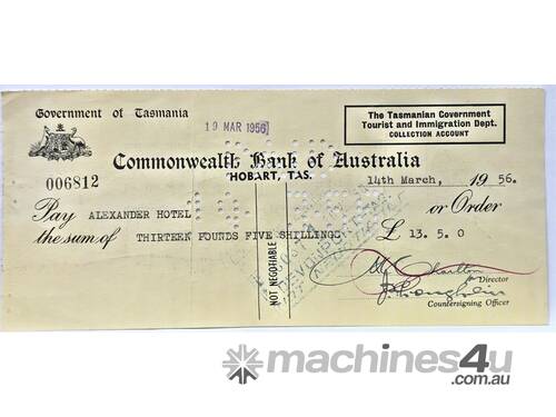 COMMONWEALTH BANK OF AUSTRALIA - TASMANIA CHEQUE