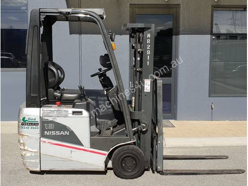 Nissan 3-Wheel 1300kg Battery Electric Forklift with 4300mm Three Stage Container Mast