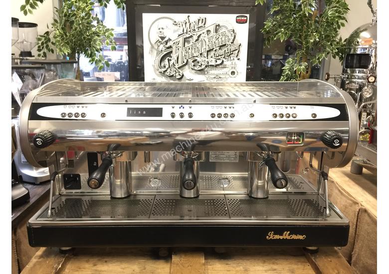 caption SAN MARINO LISA R 3 GROUP CHROME WITH BLACK BASE ESPRESSO COFFEE MACHINE