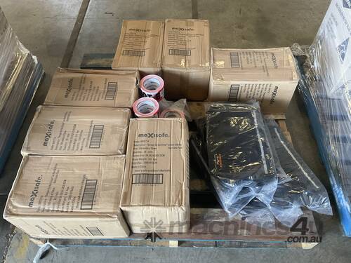 caption Pallet of MaxiSafe Barricade Tape and Rugfed Xtreme Bags