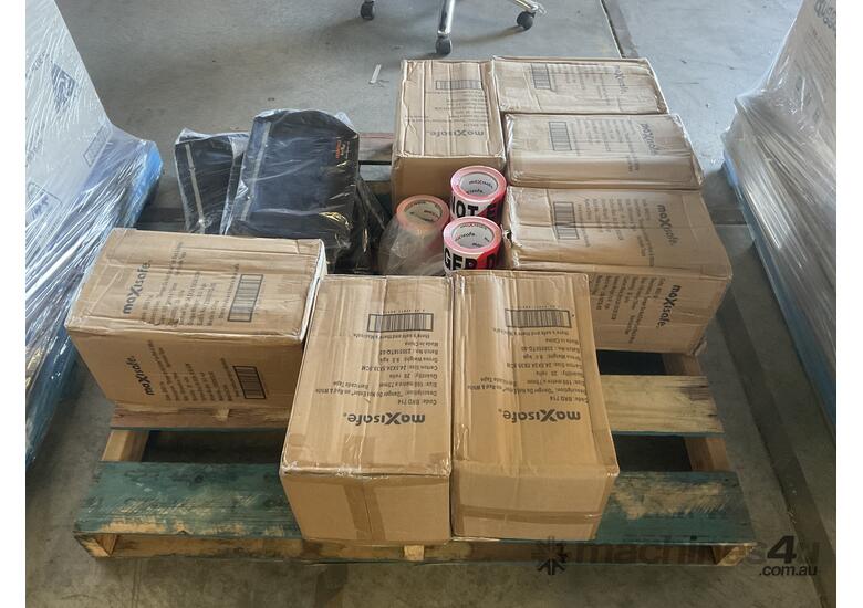 caption Pallet of MaxiSafe Barricade Tape and Rugfed Xtreme Bags