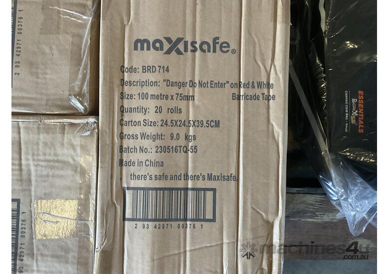 caption Pallet of MaxiSafe Barricade Tape and Rugfed Xtreme Bags