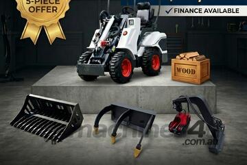   Ozziquip AL20 Mini Loader 4-in-1 with Stone Bucket, Ripper and Wood Grapple 5-Piece Package